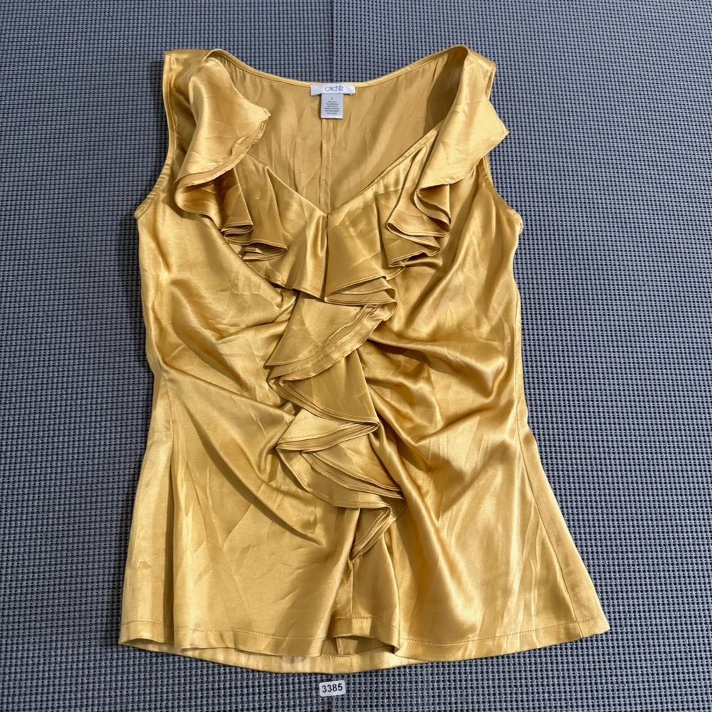 Cache Womens Gold Silk Blend Ruffle V-Neck Sleeveless Blouse Top Size S